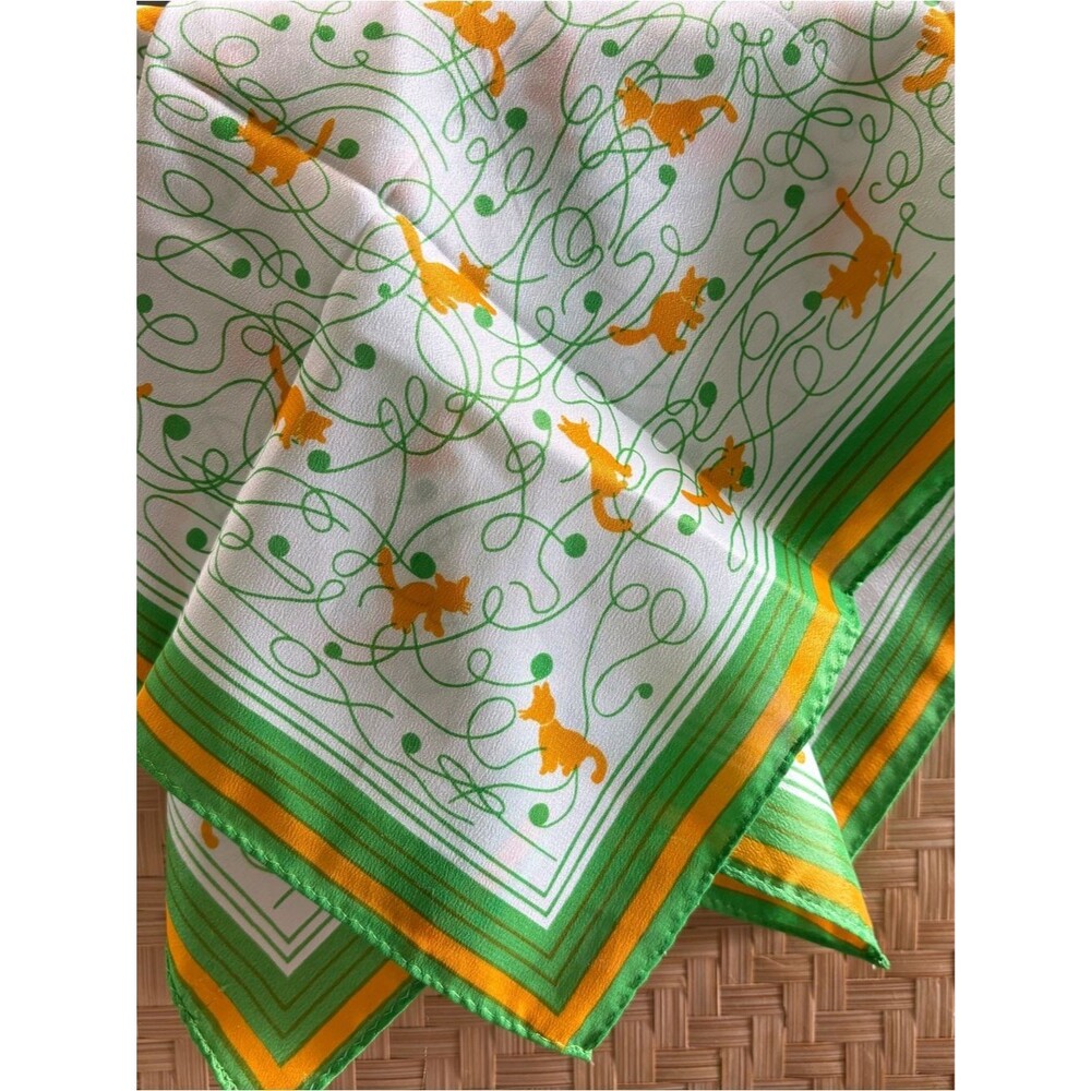 Vtg Cat Print Polyester Scarf Retro Mod Kitty Scarf Green & Gold Novelty Square